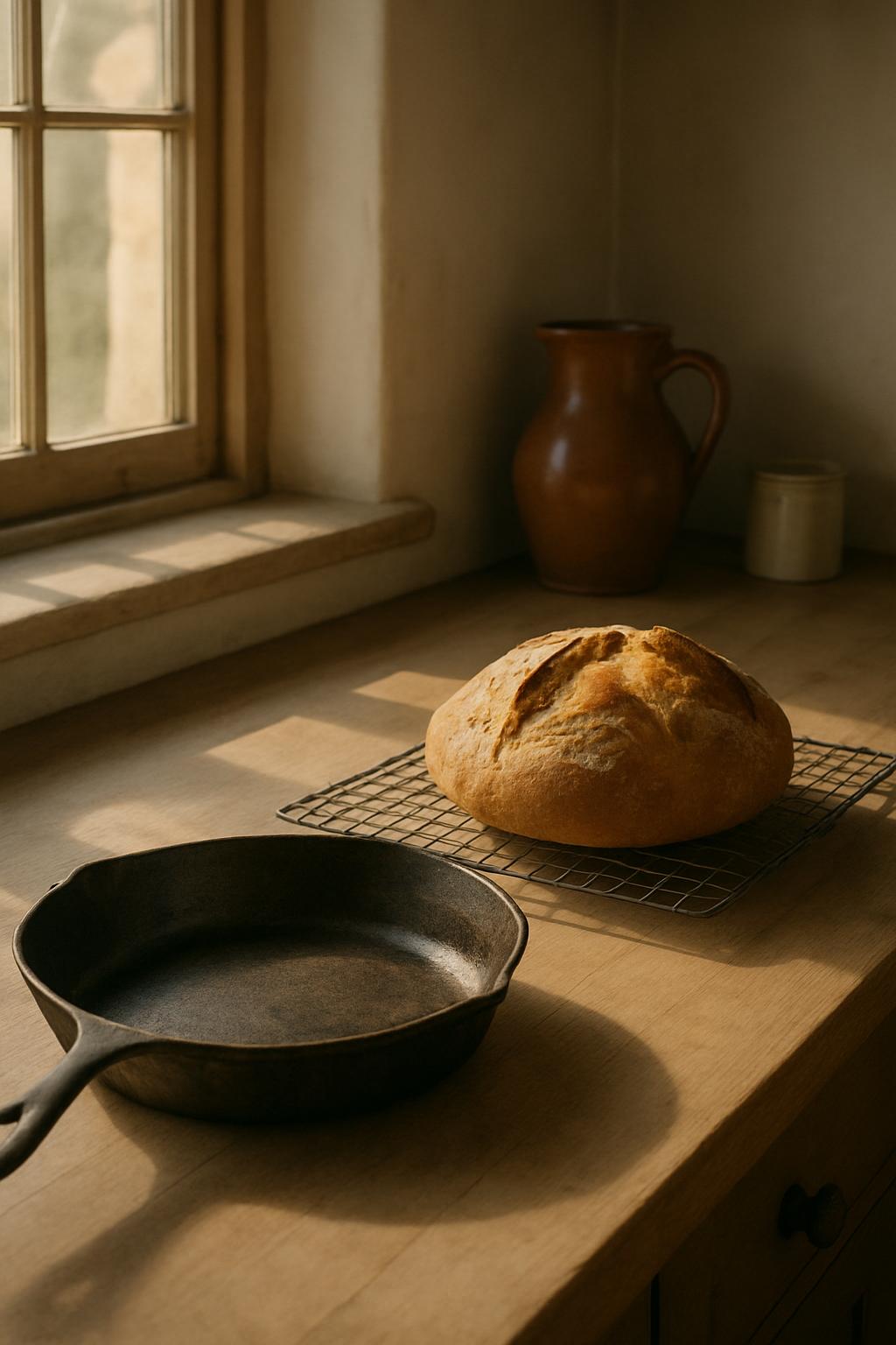 A wooden counter with a freshly baked loaf of bread, a cast iron skillet, and a clay jug.