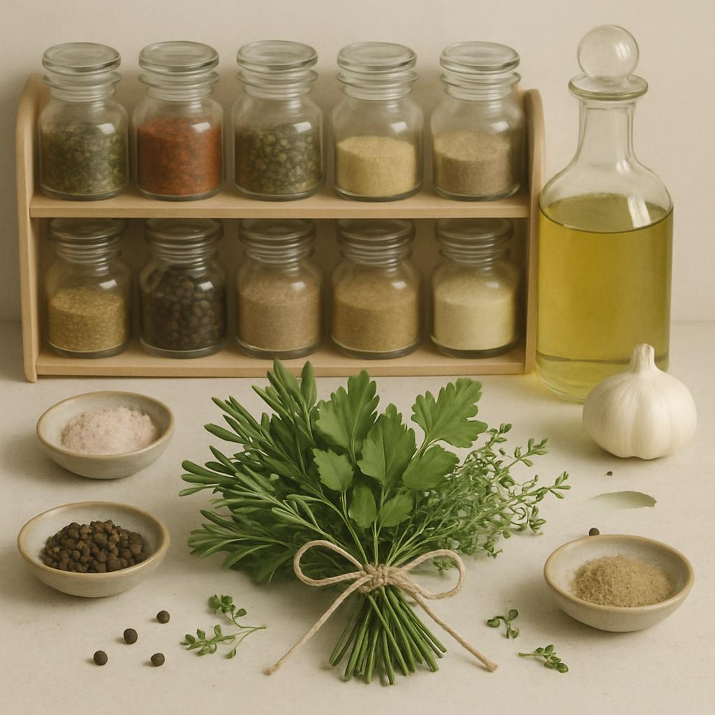 A collection of herbs and spices, including jars of spices, an oil bottle, a head of garlic, and various herbs, all set ag...