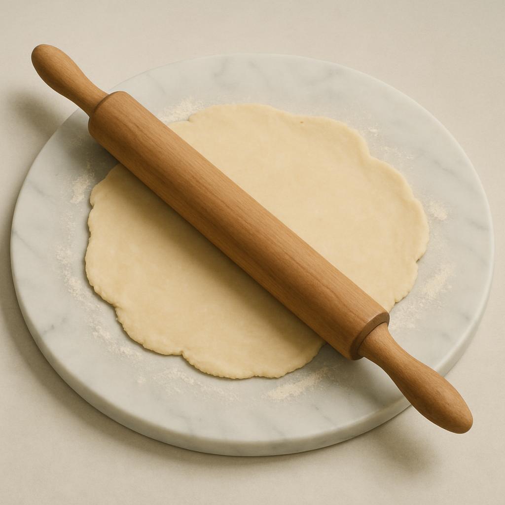 Rolling pin on a marble countertop, with a piece of piecrust dough being rolled out underneath.
