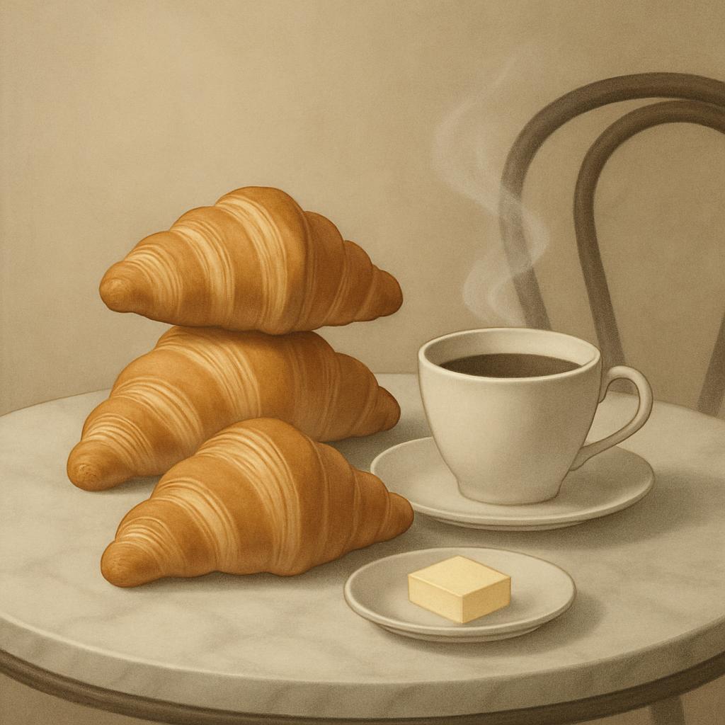 A steaming coffee cup and three croissants on a round table with a butter dish.
