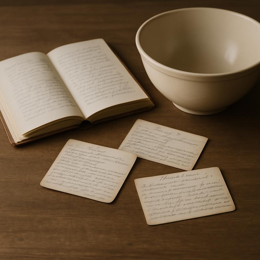 A photograph of an open notebook with handwritten text, three handwritten cards in front, and a slightly out-of-focus whit...
