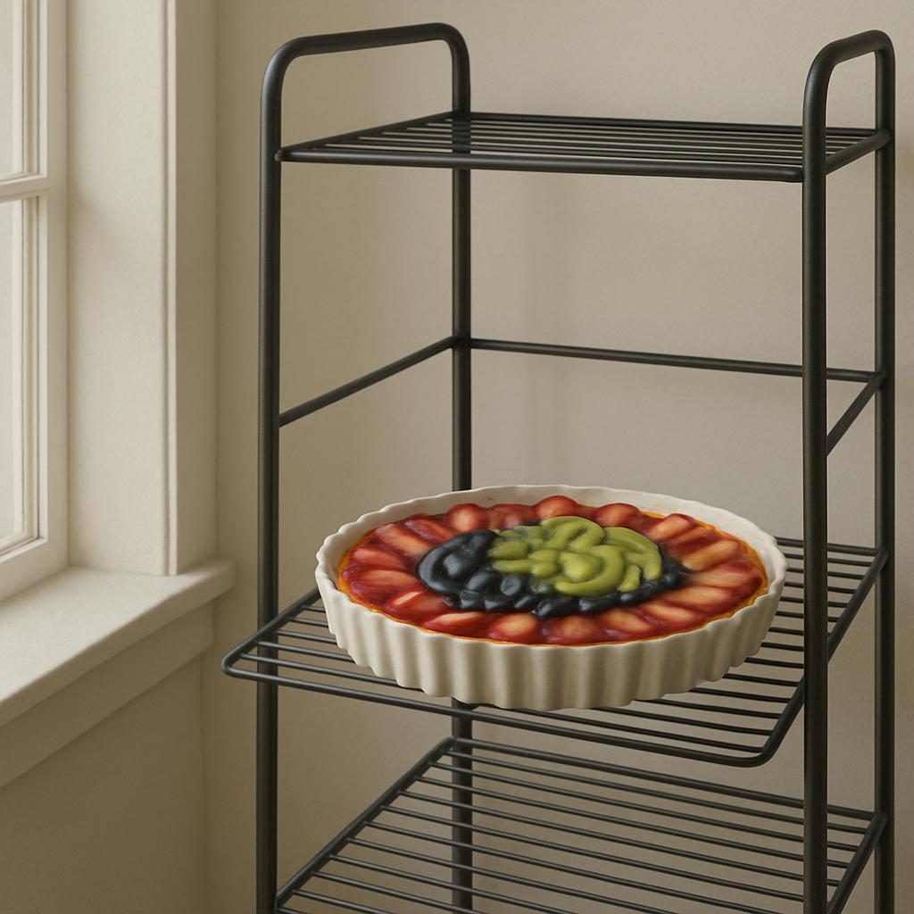 A plate sits on a black wire shelf by a window and cream-painted wall. * A white ceramic or porcelain pie dish is centered...