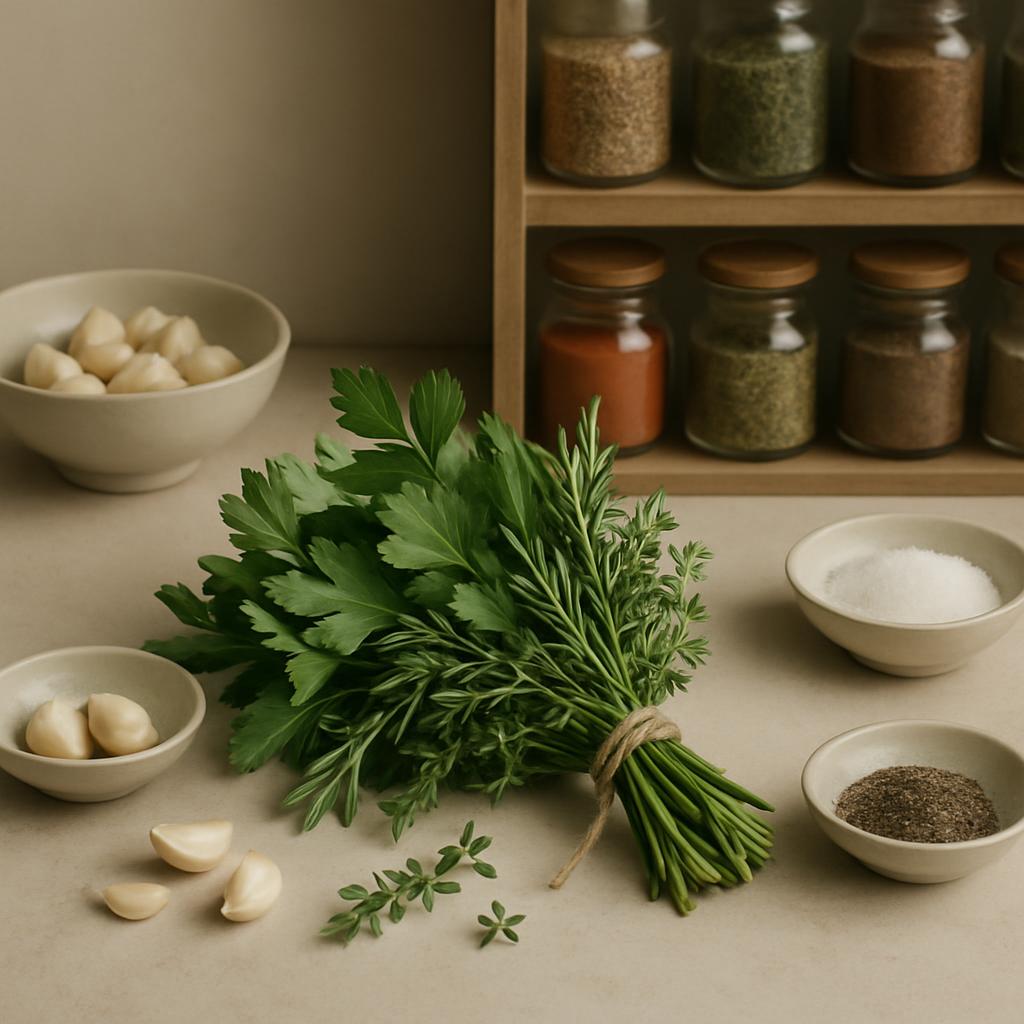 Alt text: Bunch of parsley and rosemary with spices and ingredients surrounding it.
