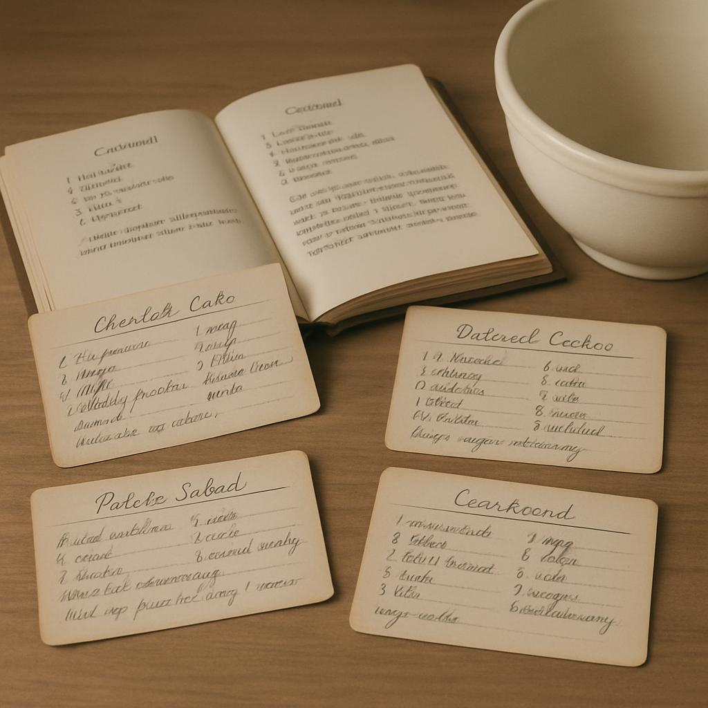 A collection of vintage recipe cards with handwritten ingredients and instructions, arranged on a wooden cutting board alo...