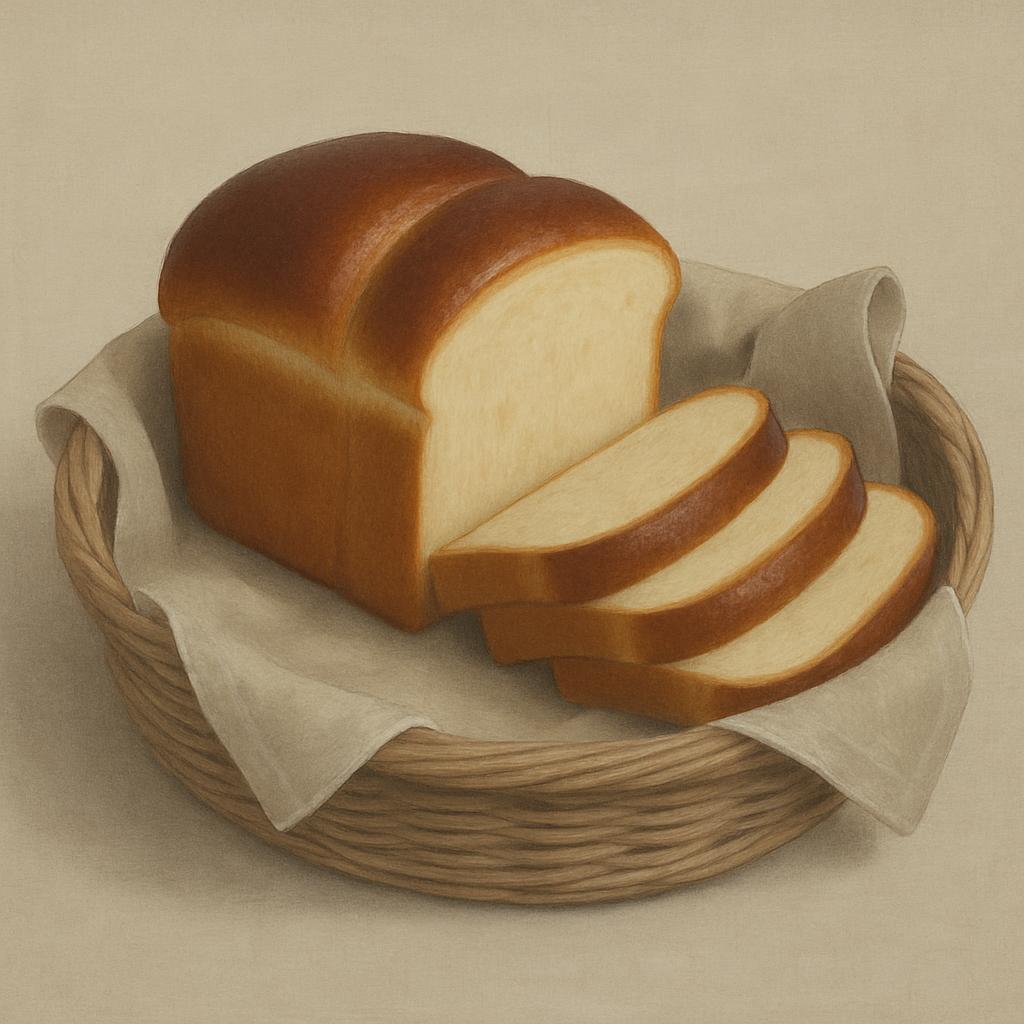 A loaf of brioche bread, sliced and placed in a wicker basket with a linen napkin. The bread has a golden brown crust and ...